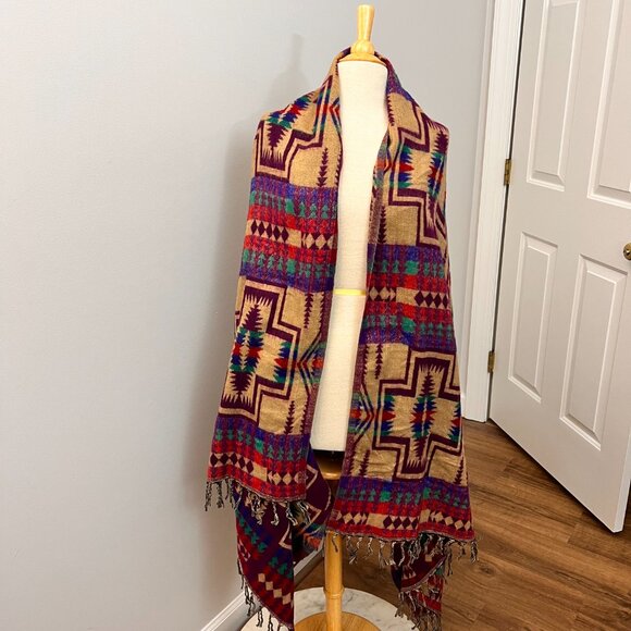 Mexicali Blues Reversible Tan Purple Western Indian Aztec Blanket Scarf - Picture 13 of 14
